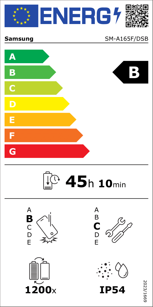 Energy Efficiency Class B; Battery Endurance per Cycle 45h10min; Repeated Fall Reliability B;  Repairability Class C; Battery Endurance (in cycles) 1200; Ingress Protection Rating IP54