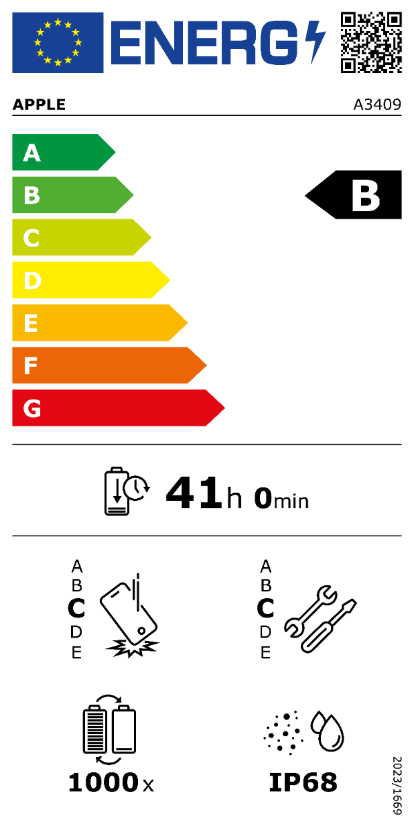 Energy Efficiency Class B; Battery Endurance per Cycle 41h0min; Repeated Fall Reliability C;  Repairability Class C; Battery Endurance (in cycles) 1000; Ingress Protection Rating IP68